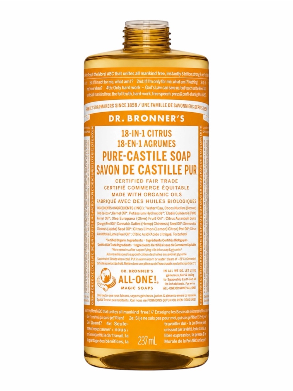 DR. BRONNER'S 18-IN-1 PURE-CASTILE SOAP CITRUS 237ML - NO LID, BRAND NEW